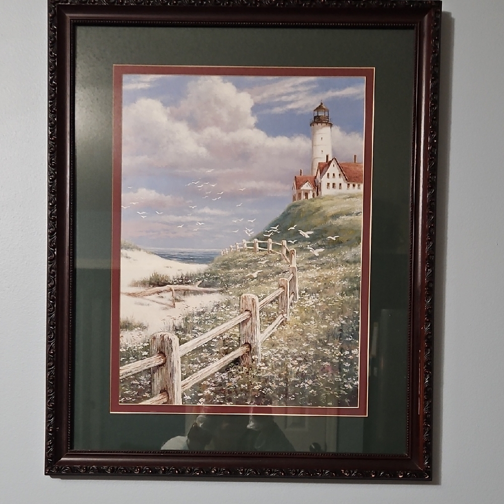 Framed Lighthouse Farm Seagulls Prairie Landscape Art With Glass Front